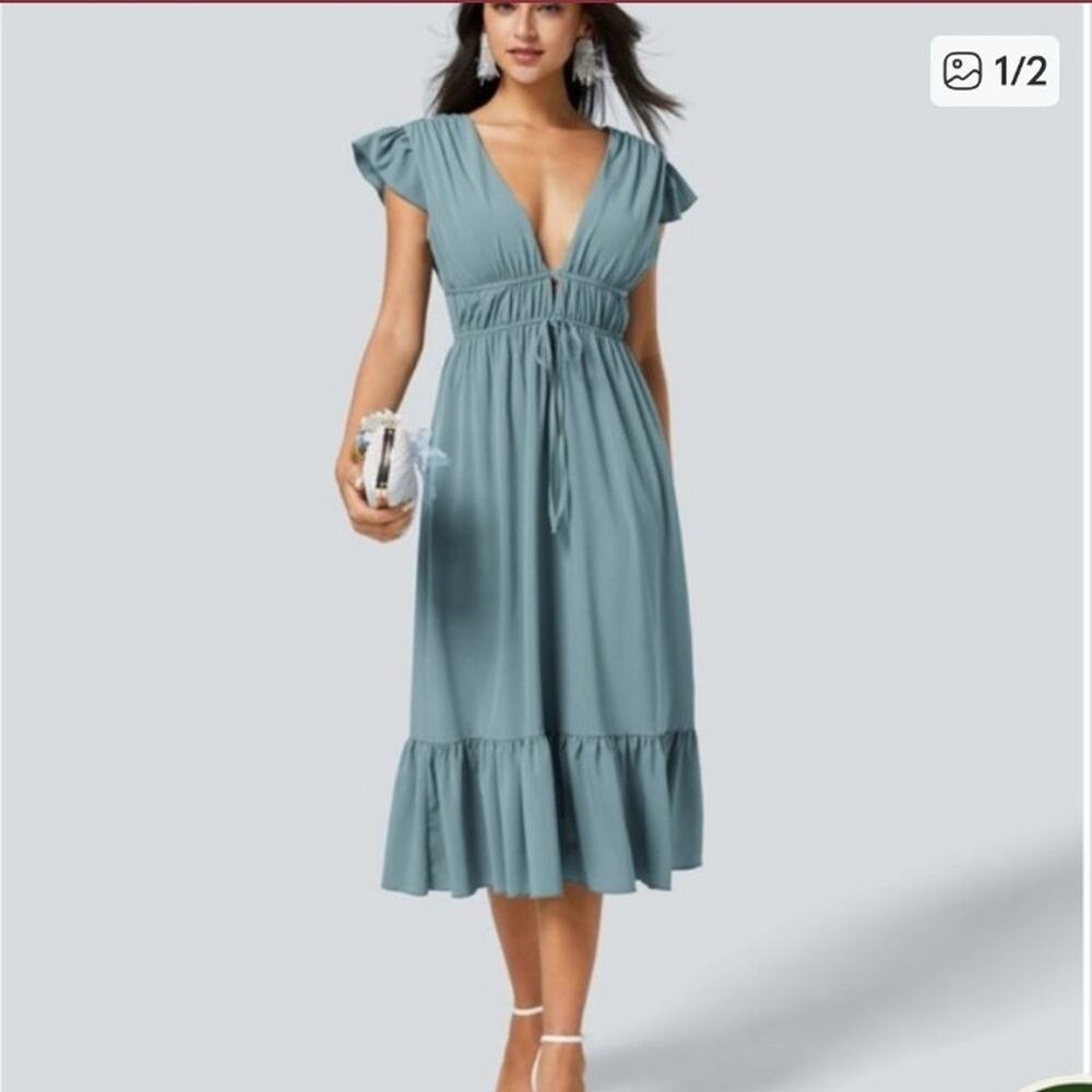 Halara Breezeful Deep V-Neck Butterfly Sleeve Midi Dress sz Large NWT
